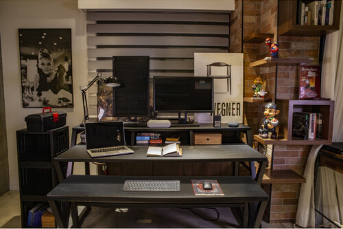 Wavebone Headquarter | Black 9U Studio Workstation Desk | 3 Tier Design with Z Shaped Keyboard Stand