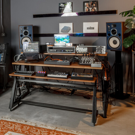 Wavebone Headquarter | Woodgrain Studio Workstation Desk | 9U Rack Space with Keyboard Stand