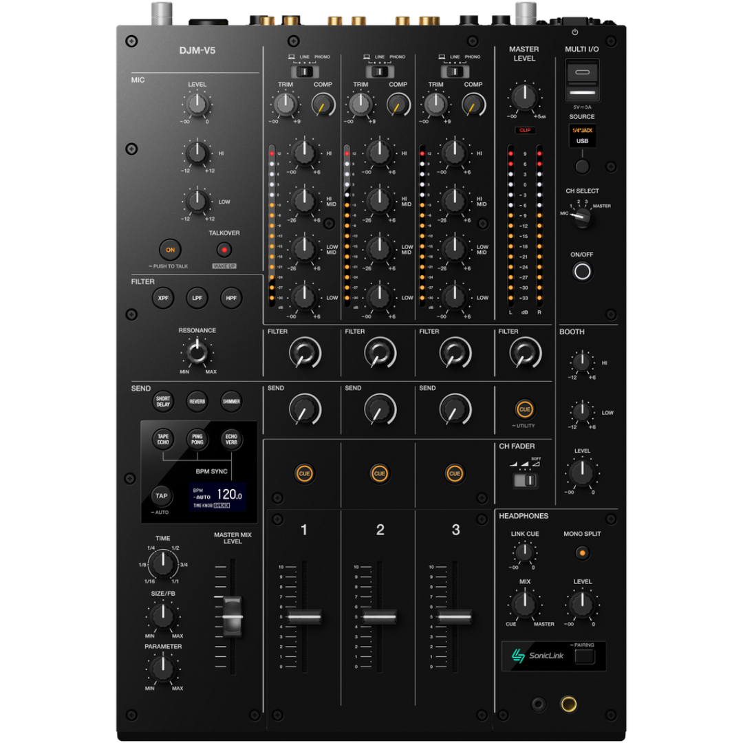 AlphaTheta DJM-V5 | 3-Channel Mixer with 4-Band EQ & Send FX | 96kHz DSP in Compact Form