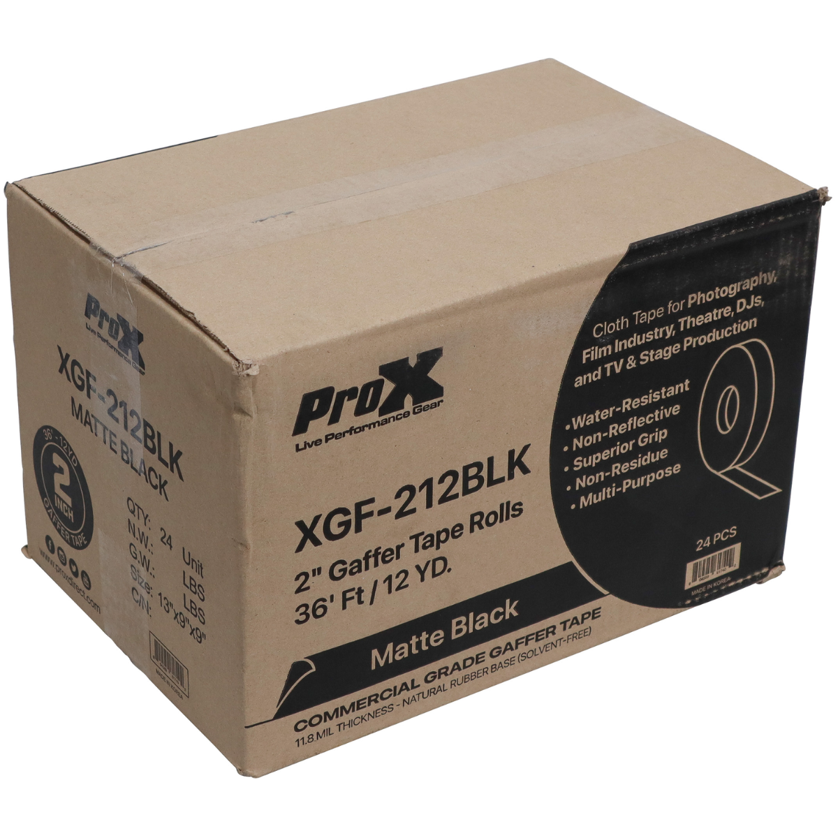 ProX XGF 212BLK | 2in x 12yd Matte Black Gaffer Tape | Non Residue Commercial Grade Grip