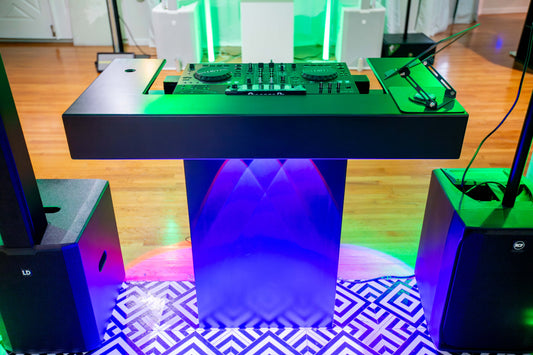 Timber Groove DJ Booth Podium (Black) | Foldable Wooden DJ Tower with Light Mounts | Includes Bag & Laptop Stand