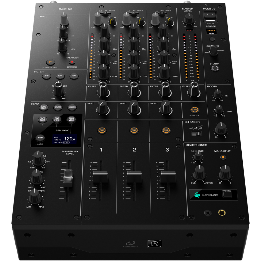 AlphaTheta DJM-V5 | 3-Channel Mixer with 4-Band EQ & Send FX | 96kHz DSP in Compact Form