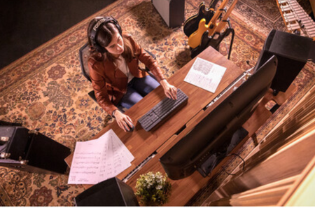 Wavebone Headquarter | Woodgrain Studio Workstation Desk | 9U Rack Space with Keyboard Stand
