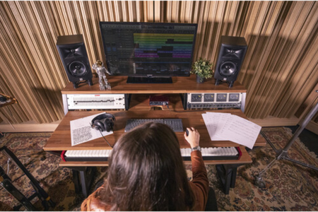 Wavebone Headquarter | Woodgrain Studio Workstation Desk | 9U Rack Space with Keyboard Stand