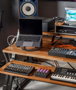Wavebone Headquarter | Woodgrain Studio Workstation Desk | 9U Rack Space with Keyboard Stand