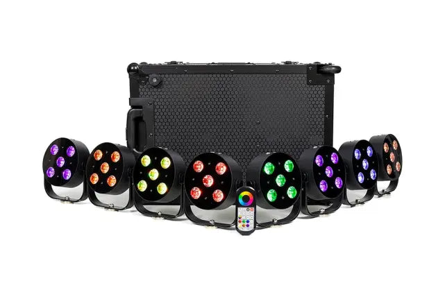 Color Key MobilePar HEX 5 | 8-Pack Wireless RGBWA-UV LED Uplights with Charging Road Case Trolley
