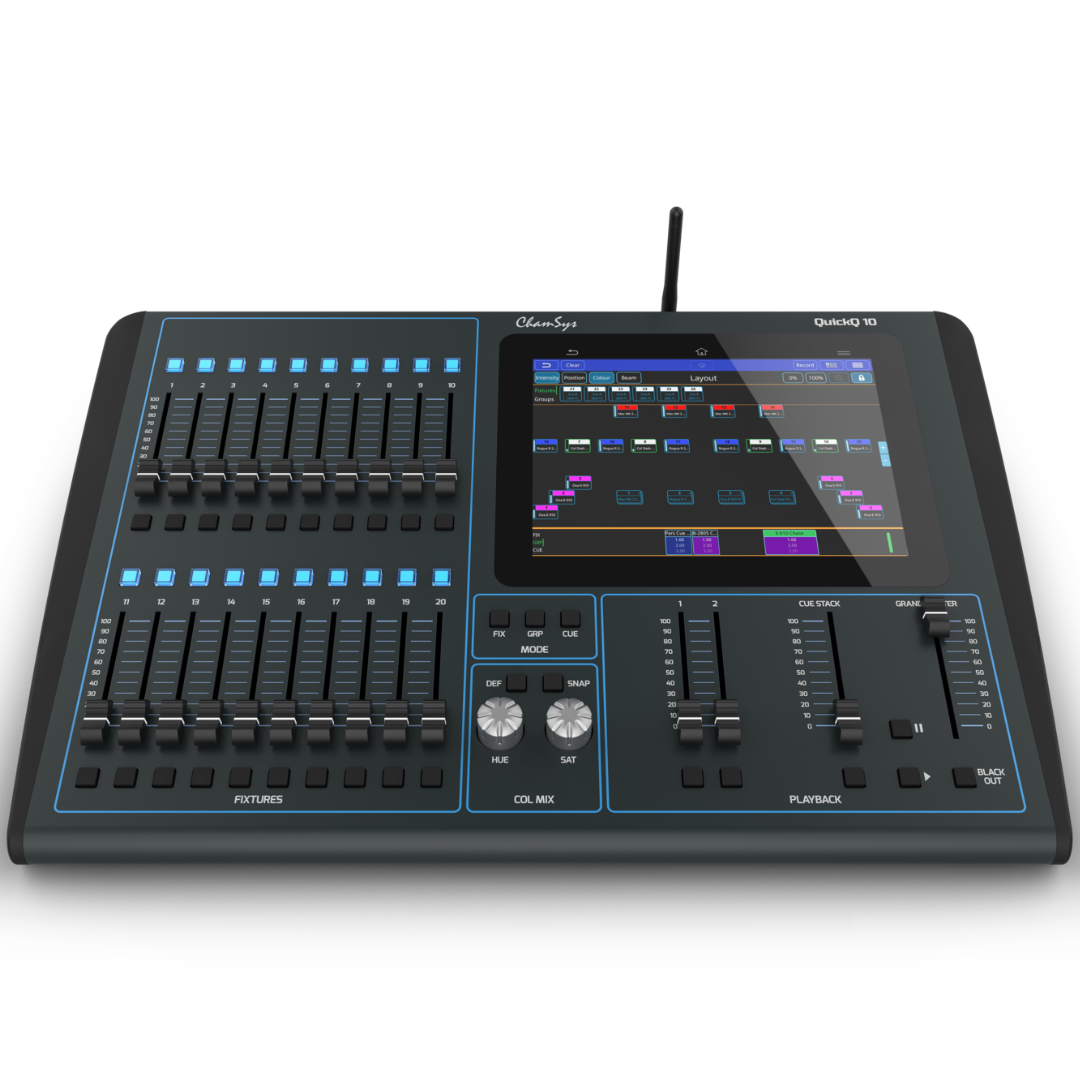ChamSys QuickQ 10 | 9.7in Touchscreen Lighting Console | 20 Fixture Faders & Wi-Fi Control