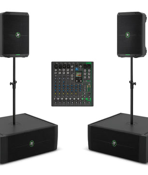 Mackie Battery-Powered Portable PA System | 4-Speaker Stereo Bundle with Subwoofers | Includes Mixer, Batteries & Poles