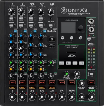 Mackie Onyx8 | 8-Channel Analog Mixer with USB & SD Recording | Perkins EQ, FX & Bluetooth Streaming