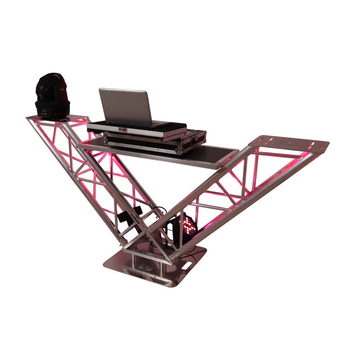 ProX XT-VERRAZANO24 | V-Shape DJ Truss Table with Dual Shelves | 24in Base Plate for Stability