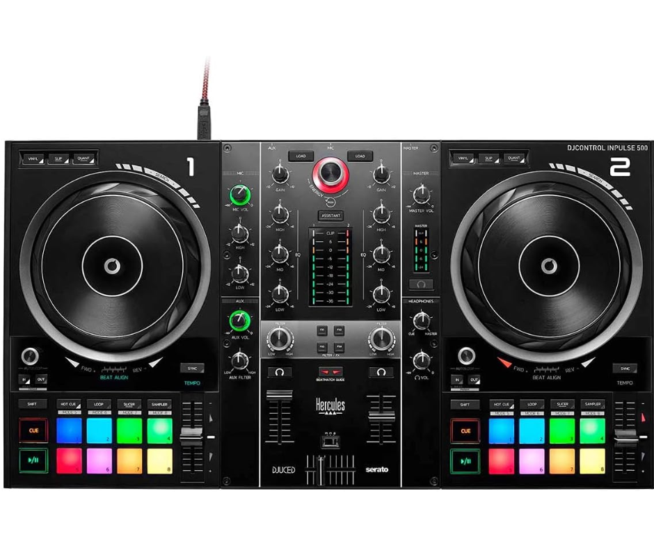 Hercules DJControl Inpulse 500 | 2-Deck Controller with Audio Interface | RGB Pads & Hardware Input Mixer