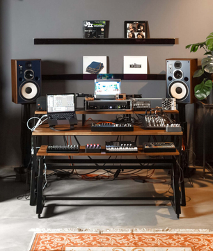 Wavebone Headquarter | Woodgrain Studio Workstation Desk | 9U Rack Space with Keyboard Stand
