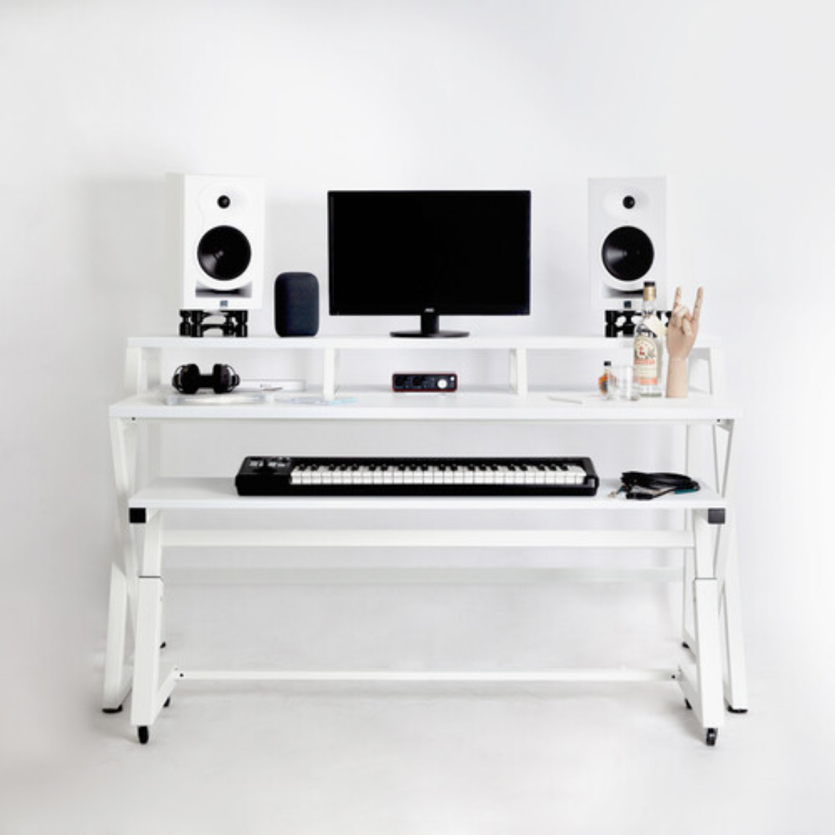 Wavebone Headquarter | White Studio Workstation Desk | 9U Rack Space with Z Shaped Keyboard Stand