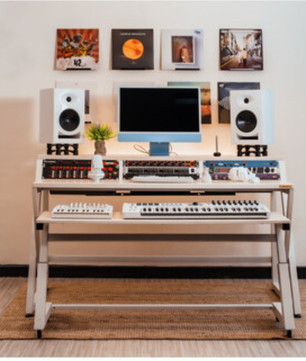 Wavebone Headquarter | Light Wood Studio Workstation Desk | 9U Rack Space with Z Shaped Keyboard Stand