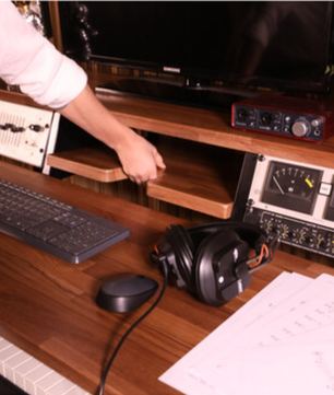 Wavebone Headquarter | Woodgrain Studio Workstation Desk | 9U Rack Space with Keyboard Stand