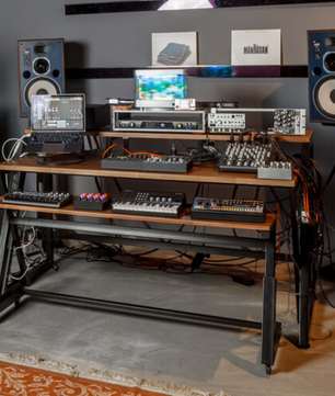 Wavebone Headquarter | Woodgrain Studio Workstation Desk | 9U Rack Space with Keyboard Stand