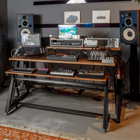 Wavebone Headquarter | Woodgrain Studio Workstation Desk | 9U Rack Space with Keyboard Stand