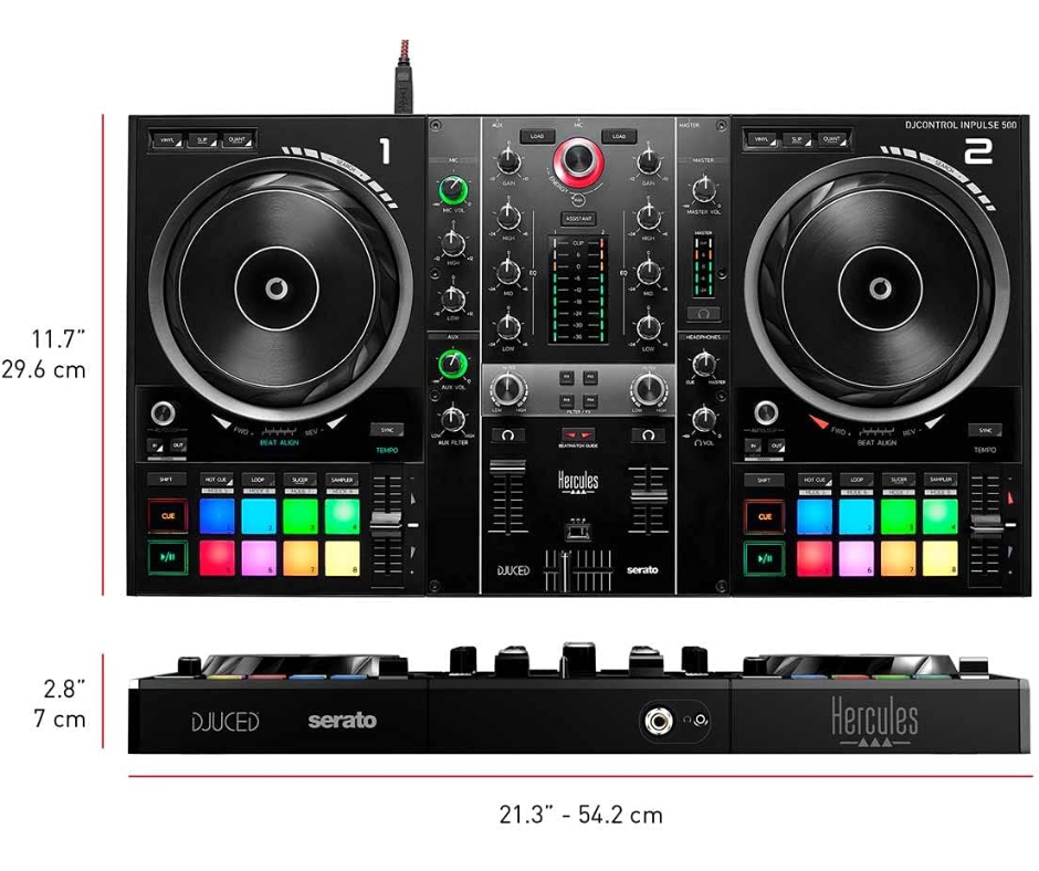 Hercules DJControl Inpulse 500 | 2-Deck Controller with Audio Interface | RGB Pads & Hardware Input Mixer