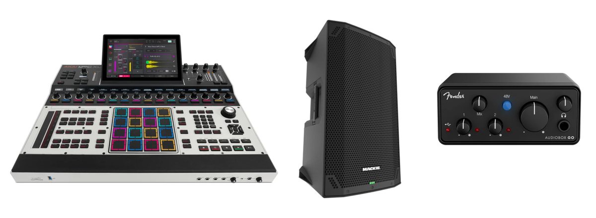 An MPC controller, a powered speaker and an audio interface side by side